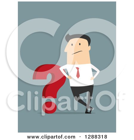 Clipart of a Flat Modern Design Styled Grumpy White Businessman Leaning on a Question Mark, over Blue - Royalty Free Vector Illustration by Vector Tradition SM