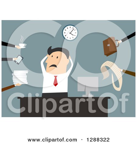 Clipart of a Flat Modern Design Styled White Businessman Being Overwhelmed with Tasks, over Blue - Royalty Free Vector Illustration by Vector Tradition SM