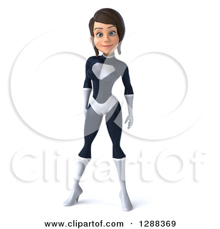 Clipart of a 3d Brunette White Female Super Hero in a Black and White Suit - Royalty Free Illustration by Julos