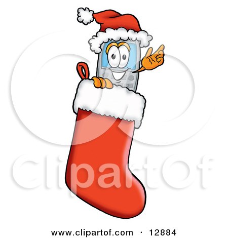 Clipart Picture of a Wireless Cellular Telephone Mascot Cartoon Character Wearing a Santa Hat Inside a Red Christmas Stocking by Mascot Junction