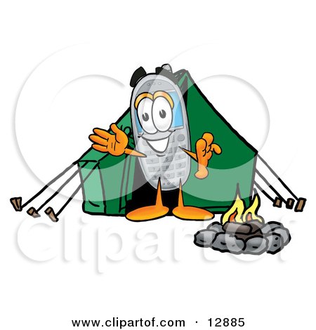 Clipart Picture of a Wireless Cellular Telephone Mascot Cartoon Character Camping With a Tent and Fire by Mascot Junction