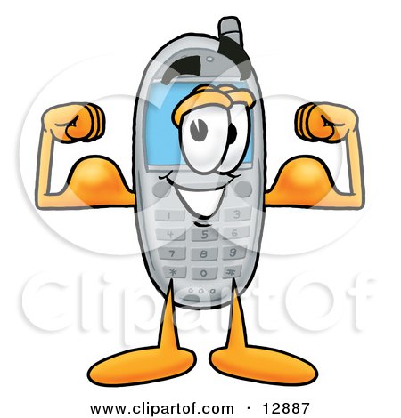 Clipart Picture of a Wireless Cellular Telephone Mascot Cartoon Character Flexing His Arm Muscles by Mascot Junction