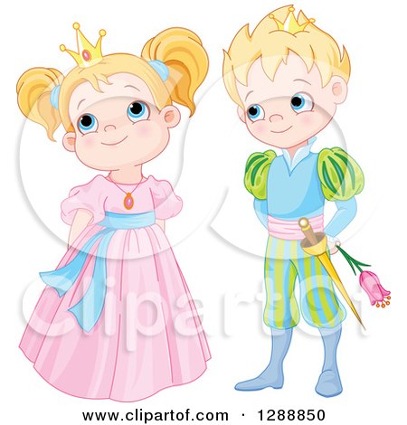 Clipart of a Cute Blond Caucasian Prince Holding a Flower Behind His Back and Looking at a Bashful Princess - Royalty Free Vector Illustration by Pushkin
