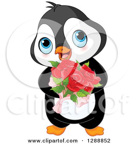 Clipart of a Cute Romantic Valentines Day Penguin Holding a Rose Bouquet - Royalty Free Vector Illustration by Pushkin