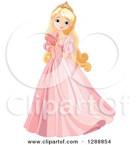 Clipart of a Beautiful Blond, Blue Eyed Caucasian Princess Holding a Heart and Wearing a Pink Dress - Royalty Free Vector Illustration by Pushkin