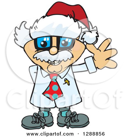 Clipart of a Cartoon Happy Albert Einstein Scientist Wearing a Christmas Sant Hat and Waving - Royalty Free Vector Illustration by Dennis Holmes Designs