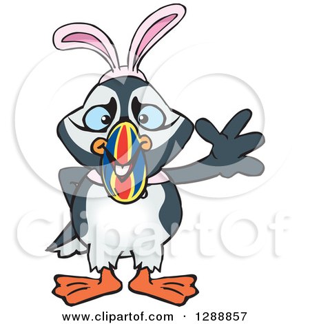 Clipart of a Cartoon Happy Puffin Bird Wearing a Christmas Sant Hat and Waving - Royalty Free Vector Illustration by Dennis Holmes Designs