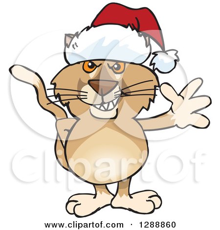 Clipart of a Cartoon Happy Puma Wearing a Christmas Sant Hat and Waving - Royalty Free Vector Illustration by Dennis Holmes Designs