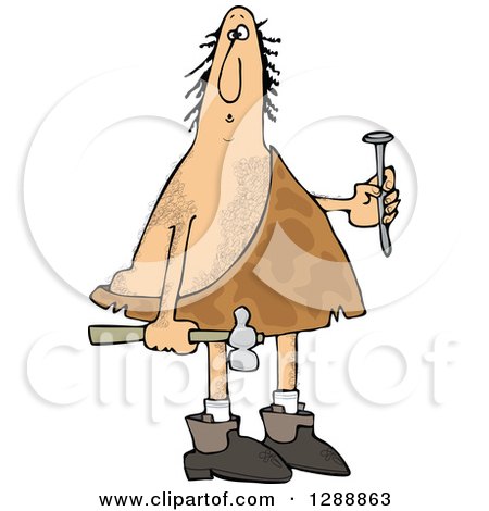 Clipart of a Hairy Caveman Holding a Nail and Hammer - Royalty Free Vector Illustration by djart