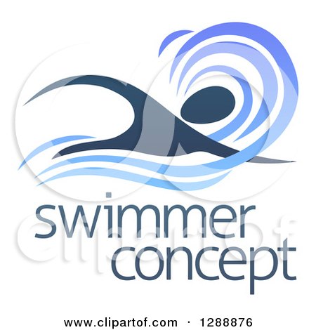 Clipart of a Silhouetted Dark Blue Swimmer in a Wave, with Sample Text - Royalty Free Vector Illustration by AtStockIllustration
