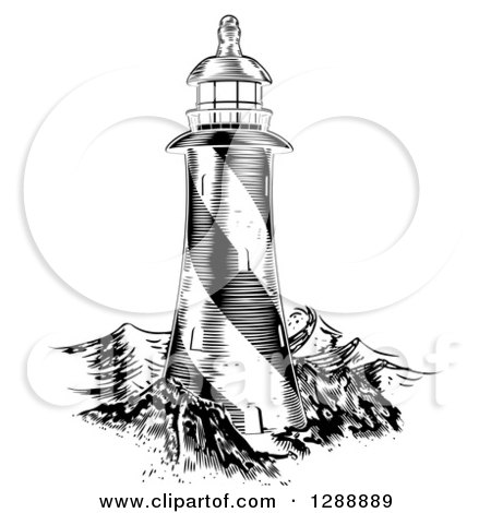 Clipart of a Black and White Engraved Lithograph Lighthouse and Waves - Royalty Free Vector Illustration by AtStockIllustration