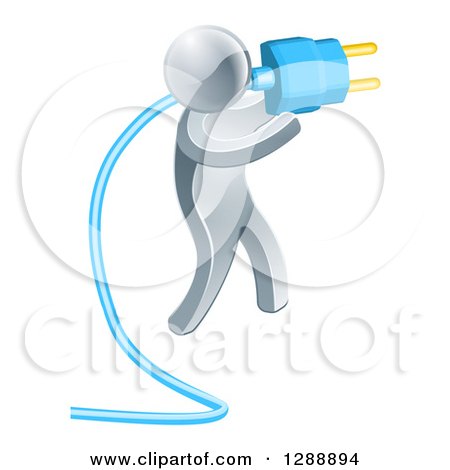 Clipart of a 3d Silver Man Holding a Blue Electric Plug - Royalty Free Vector Illustration by AtStockIllustration