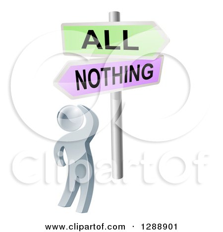 Clipart of a 3d Silver Man Looking up at an All or Nothing Crossroads Sign - Royalty Free Vector Illustration by AtStockIllustration