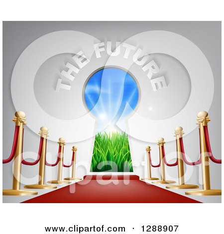 Clipart of 3d the Future Text over a Keyhole Door, Posts and Red Carpet - Royalty Free Vector Illustration by AtStockIllustration