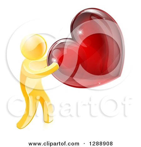 Clipart of a 3d Gold Man Holding a Red Valentine Heart - Royalty Free Vector Illustration by AtStockIllustration