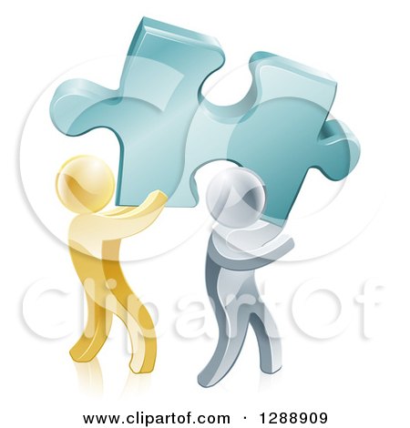 Clipart of 3d Gold and Silver Men Carrying a Large Turquoise Solution Puzzle Piece - Royalty Free Vector Illustration by AtStockIllustration
