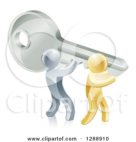 Clipart of 3d Gold and Silver Men Carrying a Giant Key - Royalty Free Vector Illustration by AtStockIllustration
