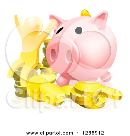 Clipart of a 3d Cheering Successful Gold Man with Coins and a Giant Piggy Bank - Royalty Free Vector Illustration by AtStockIllustration