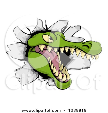 Clipart of a Snapping Alligator or Crocodile Head Breaking Through a Wall - Royalty Free Vector Illustration by AtStockIllustration