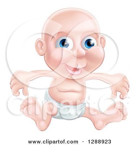 Clipart of a Happy Bald Blue Eyed Caucasian Baby Boy Sitting in a Diaper - Royalty Free Vector Illustration by AtStockIllustration