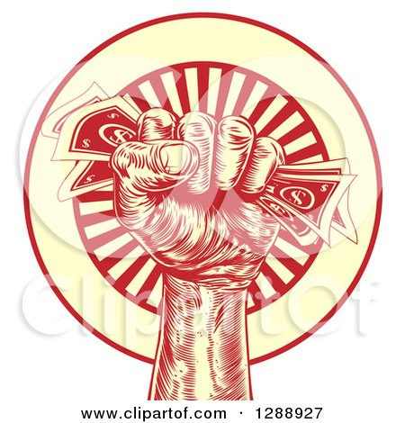 Clipart of an Engraved Revolutionary Fist Holding Money over a Red and Yellow Burst Circle - Royalty Free Vector Illustration by AtStockIllustration