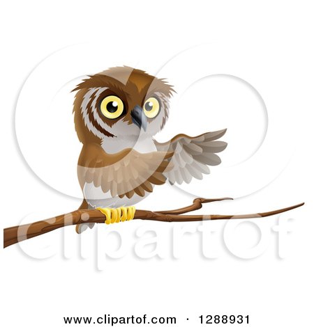 Clipart of a Perched Owl Presenting with His Wings from a Tree Branch - Royalty Free Vector Illustration by AtStockIllustration