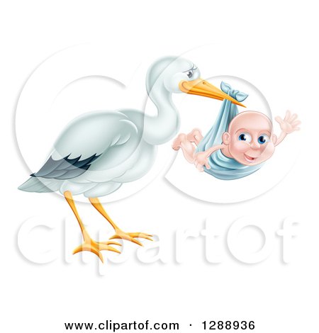Clipart of a Stork Bird Holding a Happy Baby Boy in a Blue Bundle - Royalty Free Vector Illustration by AtStockIllustration