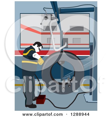 Clipart of a Male Mechanic Garage Worker Repairing a Tire - Royalty Free Vector Illustration by David Rey