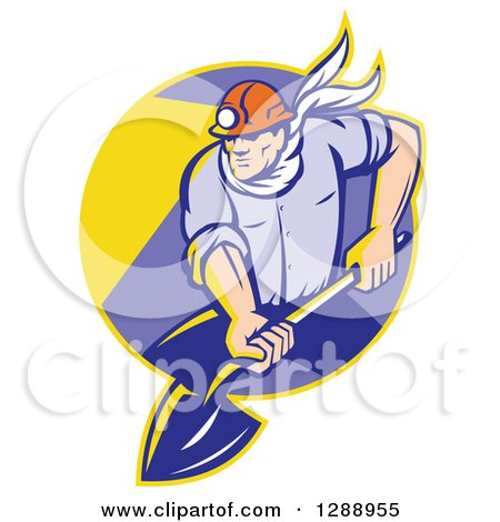 Clipart of a Retro Male Coal Miner Digging with a Spade Shovel, with Light Shining from His Helmet, in a Yellow and Purple Circle - Royalty Free Vector Illustration by patrimonio