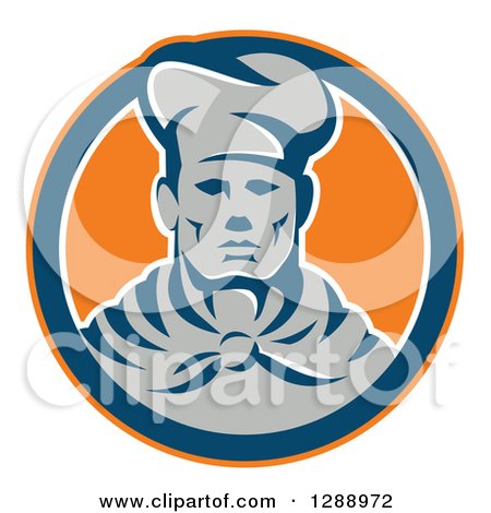 Clipart of a Retro Male Chef in an Orange Navy Blue and White Circle - Royalty Free Vector Illustration by patrimonio