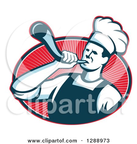 Clipart of a Retro Male Chef Blowing a Bullhorn in a Red White and Navy Blue Oval of Rays - Royalty Free Vector Illustration by patrimonio