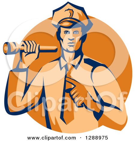 Clipart of a Retro Male Police Officer Shining a Flashlight and Pointing over an Orange Circle - Royalty Free Vector Illustration by patrimonio