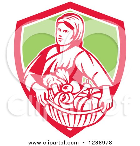 Clipart of a Retro Female Farmer Holding a Basket of Harvest Produce in a Red White and Orange Shield - Royalty Free Vector Illustration by patrimonio