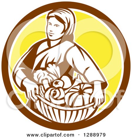 Clipart of a Retro Female Farmer Holding a Basket of Harvest Produce in a Brown White and Yellow Circle - Royalty Free Vector Illustration by patrimonio
