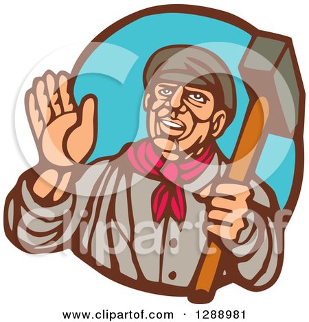 Clipart of a Retro Woodcut Friendly Male Union Worker Waving and Holding a Sledgehammer in a Brown and Blue Oval - Royalty Free Vector Illustration by patrimonio