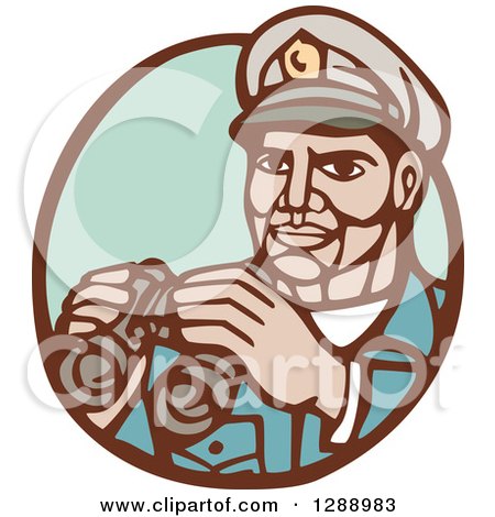 Clipart of a Retro Woodcut Navy Admirial Officer Holding Binoculars in a Brown and Green Oval - Royalty Free Vector Illustration by patrimonio