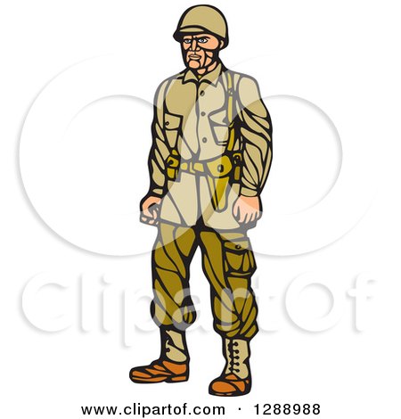 Clipart of a Retro Woodcut Linocut World War Two Soldier in Uniform - Royalty Free Vector Illustration by patrimonio