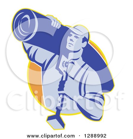 Clipart of a Retro Blue Male Carpet Layer Carrying a Roll and Knee Kicker Tool in a Yellow and Orange Circle - Royalty Free Vector Illustration by patrimonio
