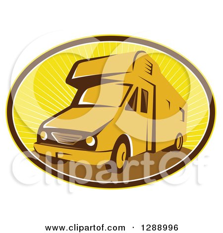 Clipart of a Retro Camper Van in a Brown White and Yellow Sunshine Oval - Royalty Free Vector Illustration by patrimonio