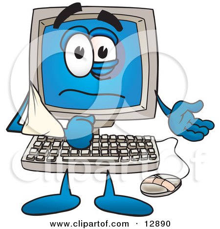 Clipart Picture of a Desktop Computer Mascot Cartoon Character With His Arm in a Sling by Mascot Junction