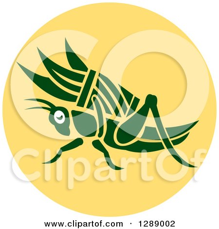 Clipart of a Retro Green Grasshopper with a Basket of Grass in a Yellow Circle - Royalty Free Vector Illustration by patrimonio