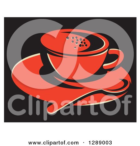 Clipart of a Red Coffee Cup on a Saucer with a Spoon over Black, with a White Border - Royalty Free Vector Illustration by patrimonio