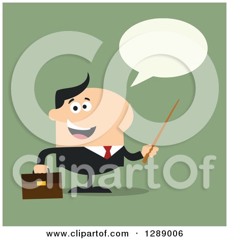 Clipart of a Modern Flat Design of a Happy Talking White Business Man Holding a Pointer Stick over Green - Royalty Free Vector Illustration by Hit Toon