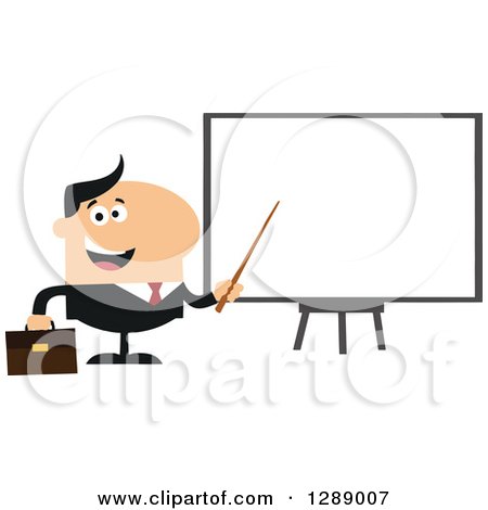 Clipart of a Modern Flat Design of a Happy White Businessman Using a Pointer Stick by a Presentation Board - Royalty Free Vector Illustration by Hit Toon