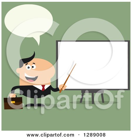 Clipart of a Modern Flat Design of a Talking White Businessman Using a Pointer Stick by a Presentation Board, over Green - Royalty Free Vector Illustration by Hit Toon