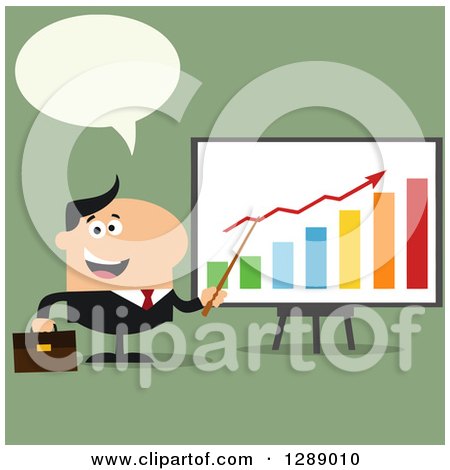 Clipart of a Modern Flat Design of a Happy Talking White Business Man Discussing Company Growth with a Bar Graph over Green - Royalty Free Vector Illustration by Hit Toon