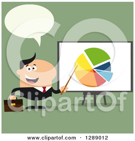 Clipart of a Modern Flat Design of a Talking Happy White Businessman Pointing to a Pie Chart on a Presentation Board over Green - Royalty Free Vector Illustration by Hit Toon