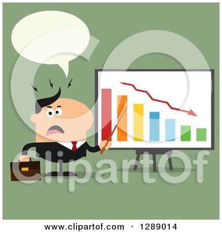 Clipart of a Modern Flat Design of an Angry Talking White Business Man Discussing Company Growth with a Bar Graph over Green - Royalty Free Vector Illustration by Hit Toon