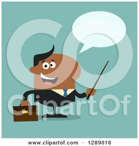 Clipart of a Modern Flat Design of a Happy Talking Black Business Man Holding a Pointer Stick over Turquoise - Royalty Free Vector Illustration by Hit Toon