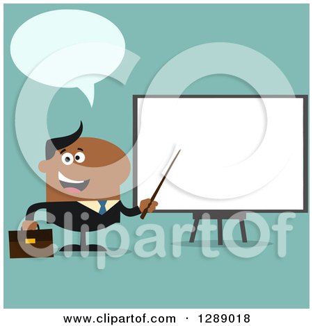 Clipart of a Modern Flat Design of a Talking Black Businessman Using a Pointer Stick by a Presentation Board, over Turquoise - Royalty Free Vector Illustration by Hit Toon